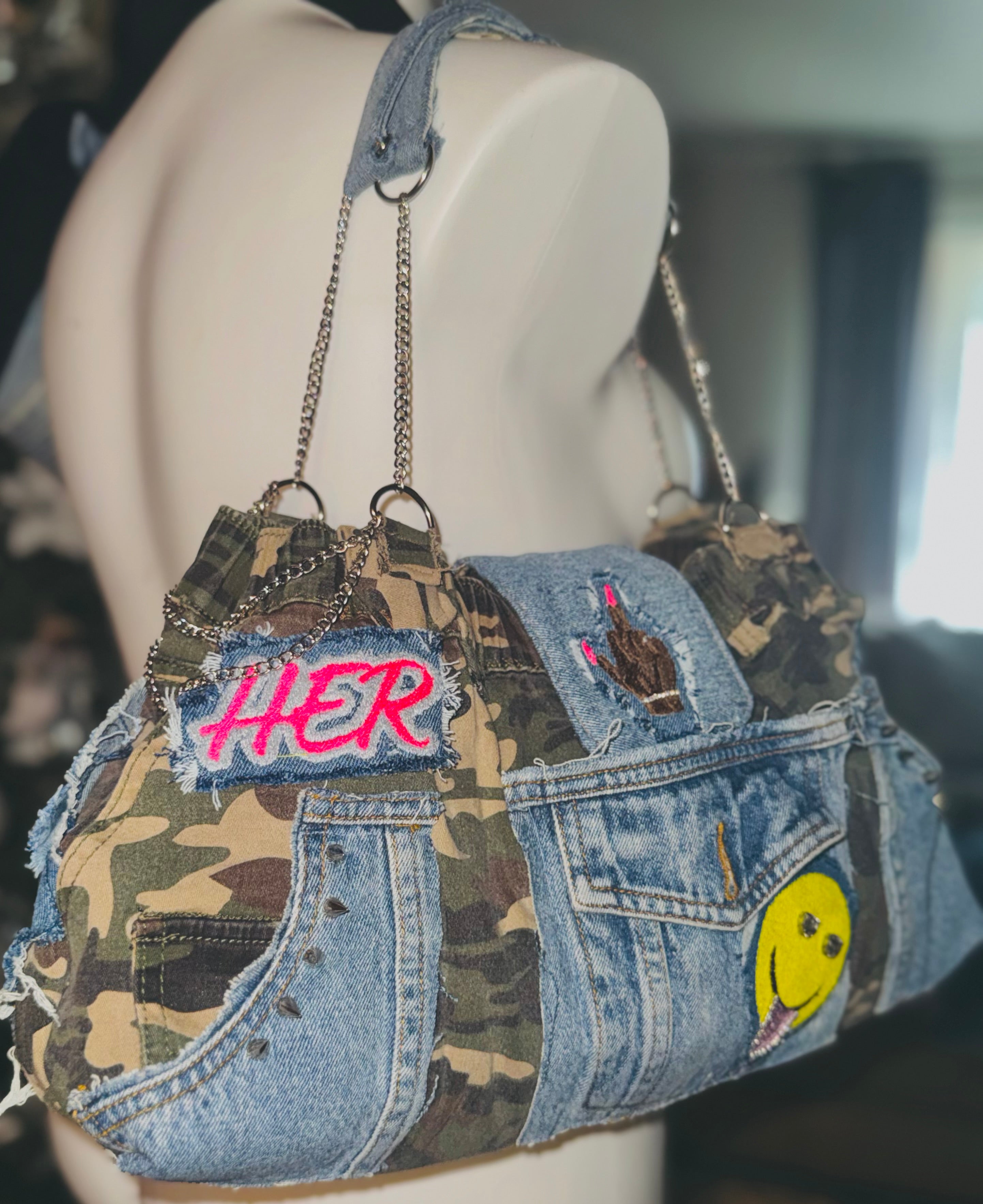 All Hustle  Camo/Denim Shoulder Bag